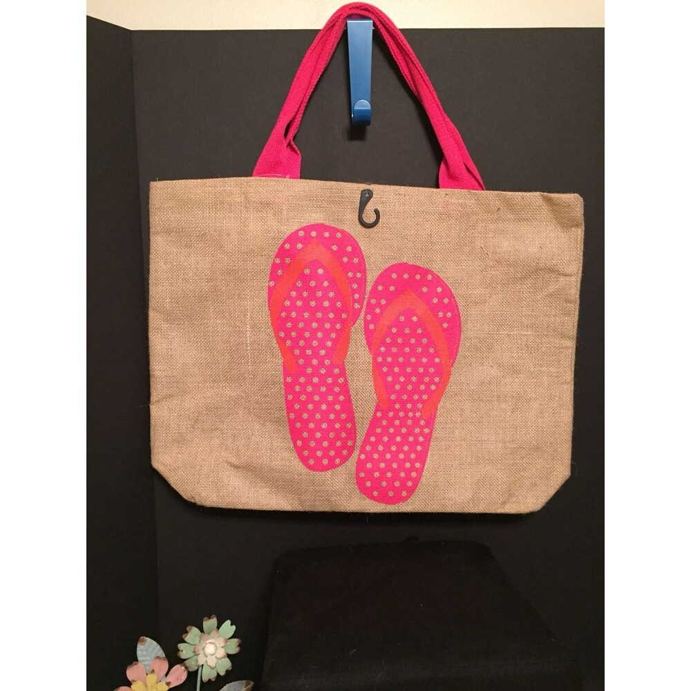 TAN FLIP FLOP BEACH JUTE TOTE GIFT WEDDING SHOPPING PERSONALIZED MONOGRAM TRAVEL